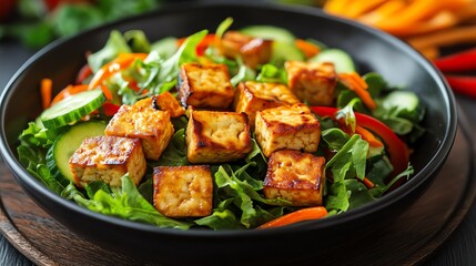 Fototapeta premium Vegetarian tofu salad often includes ingredients like mixed greens, cucumbers, carrots, and bell peppers for a colorful, crunchy base