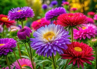 Fototapeta premium Matsumoto Asters bloom vibrantly, displaying rich colors and delicate petals within a picturesque garden, creating an enchanting scene filled with natural beauty and charm.