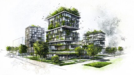 Architectural sketch of a modern building with green roof and a walkway with trees in front.