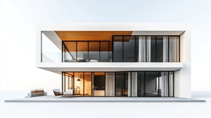 Modern two-story house with a balcony and a patio in front of it, isolated on a white background.