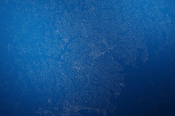 Stylized map of the streets of Kampala (Uganda) made with white lines on abstract blue background lit by two lights. Top view. 3d render, illustration