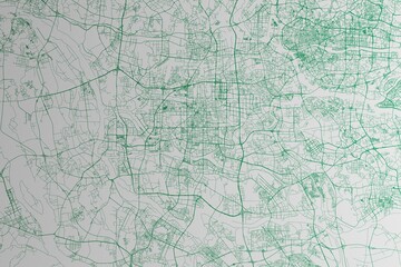 Map of the streets of Foshan (China) made with green lines on white paper. 3d render, illustration