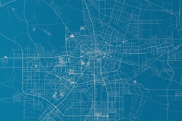 Map of the streets of Hefei (China) made with white lines on blue background. 3d render, illustration
