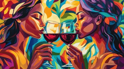 Fototapeta premium Two women with long hair clinking wine glasses in an abstract painting with colorful background.