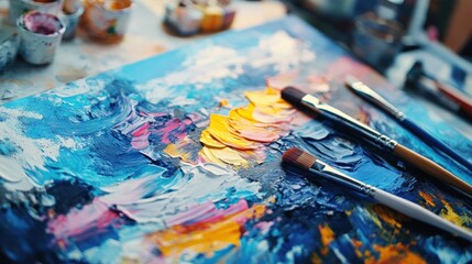 Obraz premium A close-up of a canvas covered in colorful acrylic paints, with two paint brushes lying on top.