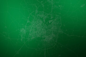 Map of the streets of Ahmedabad (India) made with white lines on abstract green background lit by two lights. Top view. 3d render, illustration