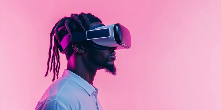 side view of Stylish African American man with dreadlocks wearing Virtual Reality headset with glowing neon light on a pink background 