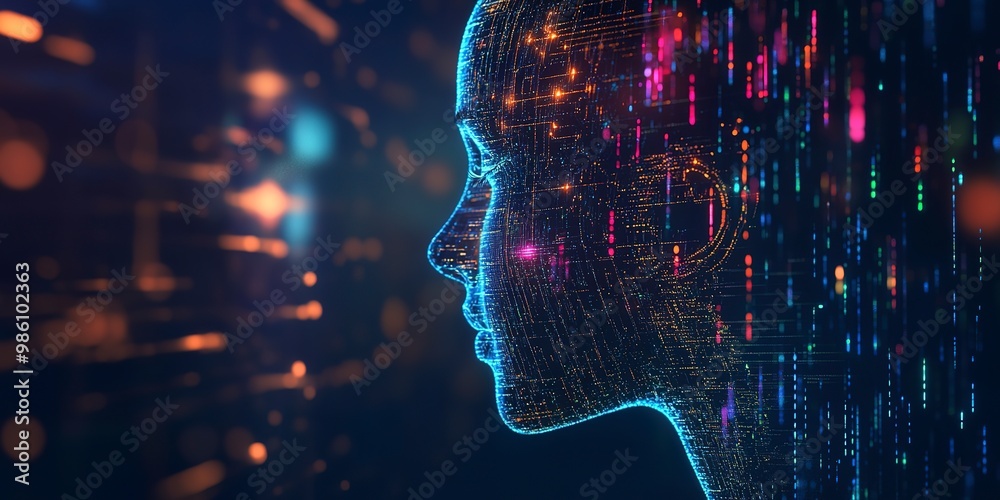 Poster Side profile of a futuristic artificial intelligence computer head with glowing lines and data 