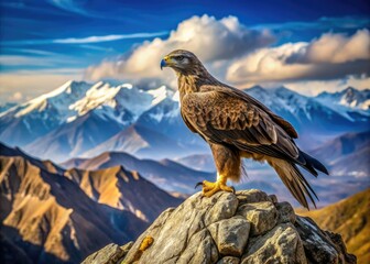 Fototapeta premium Perched on a jagged outcropping, a fierce bird of prey surveys the distant peaks, its sharp-edged talons grasping the rugged stone.