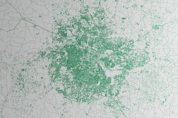 Map of the streets of Bangalore (India) made with green lines on white paper. 3d render, illustration