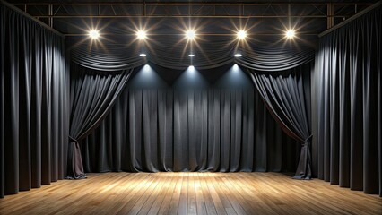 Pitch-black curtains encase the stage, spotlight beams piercing through the darkness, a haunting tableau that beckons imagination to fill the vacant space.