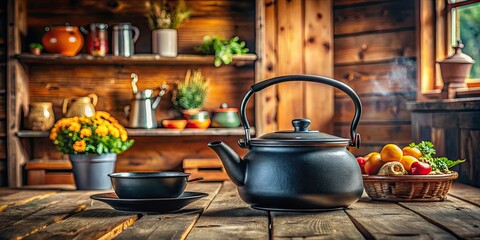 Placed against a rustic kitchen, a black pot and kettle sit on a wooden table, basking in the warm glow of natural light around them.