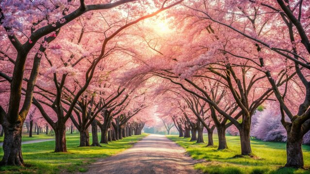 Pink cherry blossoms bloom amidst elegant, slender trees, rendered in soft pencil strokes, their delicate beauty inviting contemplation and quiet contemplation. - Powered by Adobe