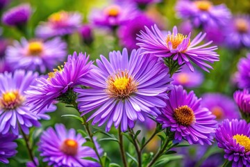 Obraz premium Rays of sunshine illuminate vibrant purple aster blossoms as they bloom profusely against a soothing green canvas, filling the air with sweet fragrance and magic.