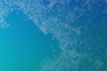 Map of the streets of Chiba (Japan) made with white lines on greenish blue gradient background. 3d render, illustration