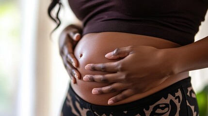 A close-up of a womans hand holding her stomach, with a focus on the problem area of excess belly fat.