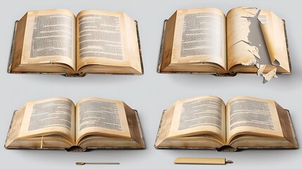 Obraz premium Book open and closed on transparent cutout, different angles, pages flipping, torn cover, bookmark inserted, mockup template for education design 
