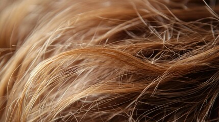 Fototapeta premium A close-up of dry, frizzy hair with split ends, highlighting the effects of hair damage and the need for repair.