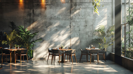 Modern luxury dining room with natural light, featuring wooden tables and chairs, surrounded by lush greenery and concrete walls, creating serene atmosphere
