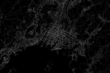 Stylized map of the streets of Hiroshima (Japan) made with white lines on black background. Top view. 3d render, illustration