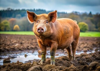 Rustic image of a rare breed Tamworth pig standing in a muddy field