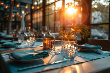 A beautifully set dining table in modern restaurant, illuminated by warm sunset light. elegant glassware and soft blue napkins create serene atmosphere for delightful dining experience
