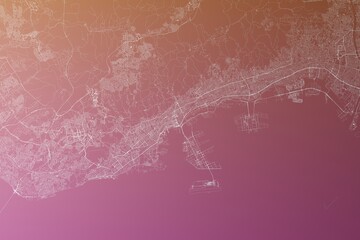 Map of the streets of Kobe (Japan) made with white lines on pinkish red gradient background. Top view. 3d render, illustration