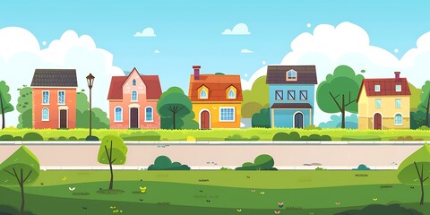 Naklejka premium Cute Cartoon Illustration Of Colorful Houses On A Green Lawn