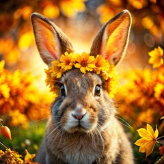 Fototapeta premium Cute bunny with a flower crown in a vibrant autumn garden full of flowers