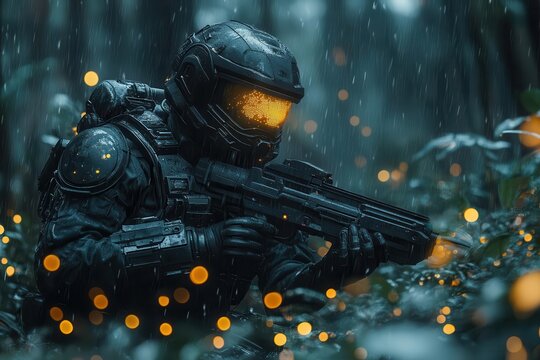stealth commando in advanced exoskeleton suit night vision engaged navigating through bioluminescent alien jungle