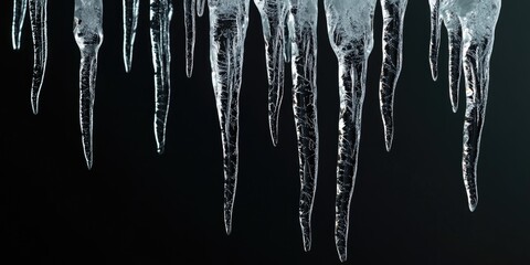 Close-Up of Realistic Transparent Icicles with Dark Background - Perfect for Winter Scenes, Holiday Cards, and Seasonal Designs