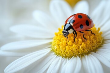 one white chamomile on white background, and a little ladybug sits on 