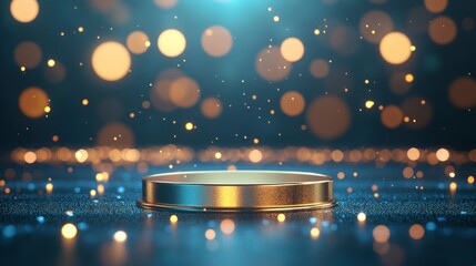 A glowing podium surrounded by shimmering lights, ideal for awards or presentations.