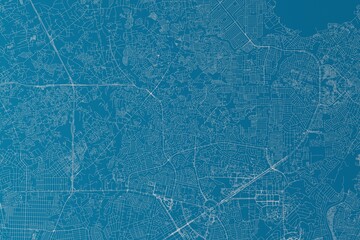 Map of the streets of Quezon City (Philippines) made with white lines on blue background. 3d render, illustration