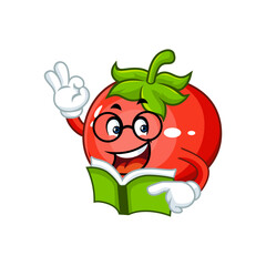 Cute tomato character reading book and giving okay sign.