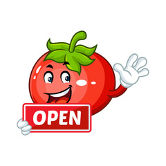 Happy cartoon tomato mascot holding an open sign, perfect for food and restaurant businesses.