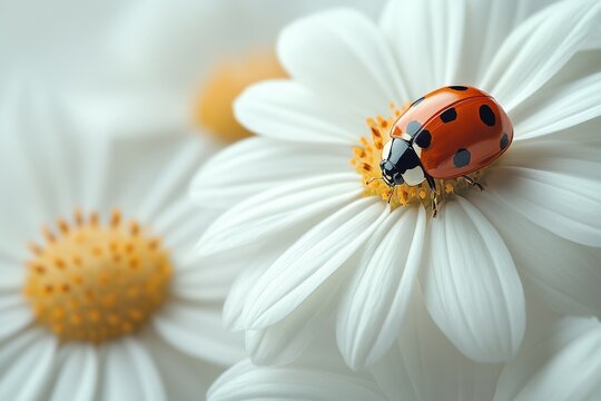 one white chamomile on white background, and a little ladybug sits on 
