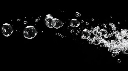 Air bubbles rising in water against a black background.