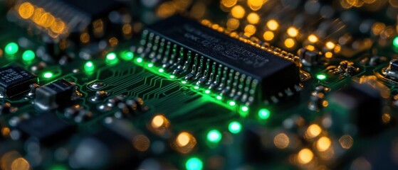 Obraz premium Close-up of a circuit board with glowing lights, showcasing electronic components.