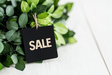 Black sale tag on green leaves background, white wood surface. Concept for promotion and advertisement.
