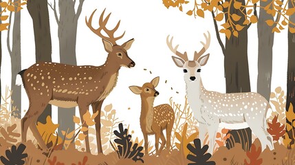 Three Deers In The Autumn Forest Illustration