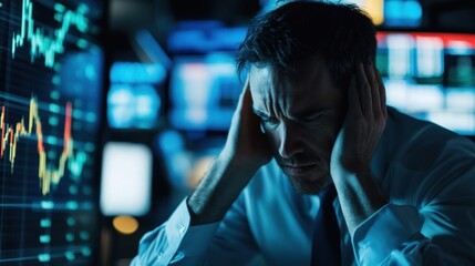 A stressed businessman reacts to market fluctuations in a dark trading environment.