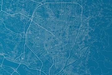 Map of the streets of Taichung (Taiwan) made with white lines on blue background. 3d render, illustration