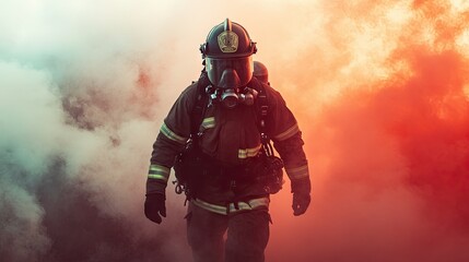A firefighter in a full safety uniform, including a helmet and oxygen tank, walking through a smoke-filled training exercise.