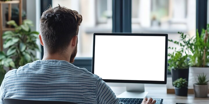 Over shoulder shot of a young man using computer laptop in front of an blank white computer screen in home 
