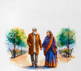Fototapeta premium Watercolour Illustration of Indian Elderly Couple Walking with Love and Affection for Each Other. 1st October - International Day of Older Persons.