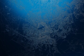 Street map of Ho Chi Minh (Vietnam) engraved on blue metal background. View with light coming from top. 3d render, illustration