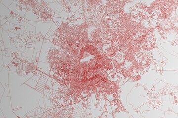Map of the streets of Ho Chi Minh (Vietnam) made with red lines on white paper. 3d render, illustration