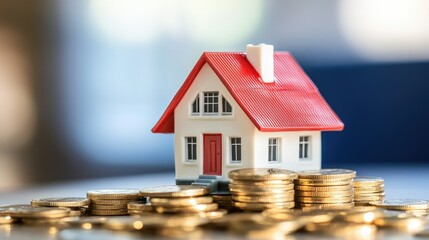 A house figurine sitting on neatly stacked coins, with a focus on the financial aspects of homeownership and investment.
