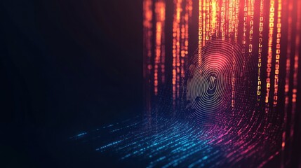 Digital fingerprint overlaid with binary code, symbolizing cybersecurity and data protection.